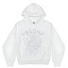 White Sp5der Web Rhinestone Hoodie by THE EA STORE featuring spider graphic and streetwear style pullover, front view.