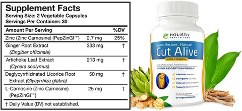 Supplement bottle labeled 'Gut Alive' with its supplement facts 