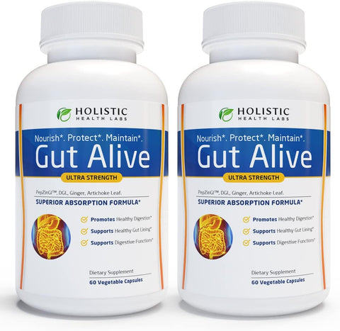Two bottles of Holistic Health Labs Gut Alive Ultra Strength supplement 
