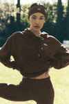 Alo Yoga unisex Accolade hoodie in espresso brown fleece, shown from the front with a relaxed fit and hooded design.