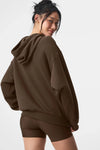 Alo Yoga Unisex Accolade Hoodie in Espresso Brown fleece, shown as a cozy pullover with a relaxed fit and front pocket.