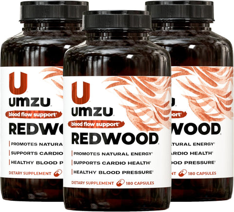 Three bottles of Umzu Redwood supplement on a white background