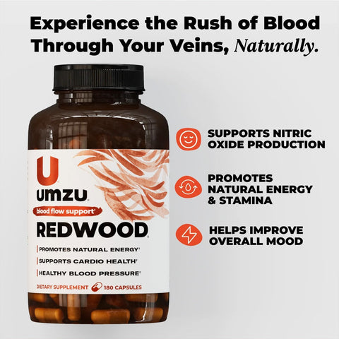 Umzu Redwood supplement bottle with text about blood flow support on a light gray background