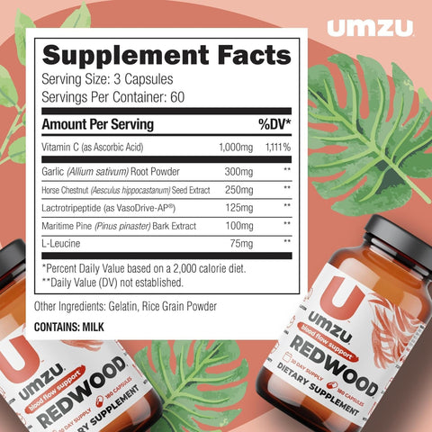 Umzu Redwood supplement bottle with supplement facts label on a decorative background