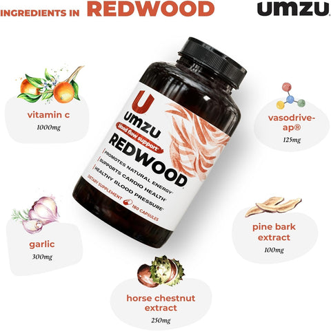 Umzu Redwood supplement bottle with ingredients listed on a white background
