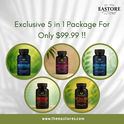 Promotional image of Eastore supplement packages with text and website URL.