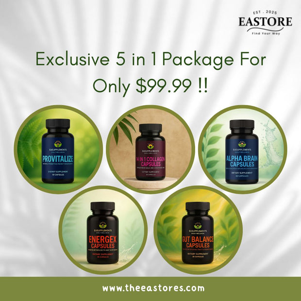 Promotional image of Eastore supplement packages with text and website URL.