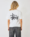 White Stussy Basic Logo Tee from THE EA STORE, featuring a simple logo print on the front, laid flat for display.