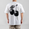 White Stussy Cherry 8 Ball Tee from THE EA STORE, essentials t-shirt featuring a colorful cherry and 8 ball graphic on the front.