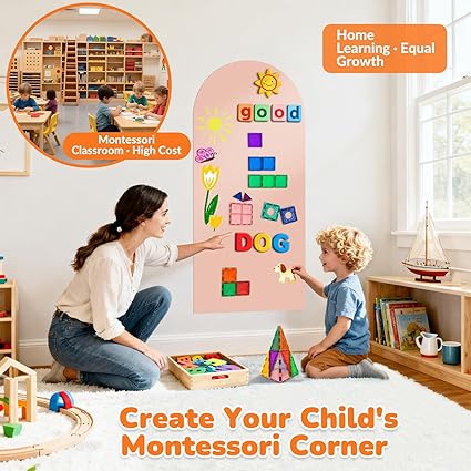 Woman and child playing with educational toys in a Montessori classroom setting.