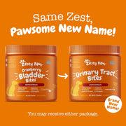Zesty Paws cranberry bladder bites now labeled Urinary Tract Bites. Pawsome new name.