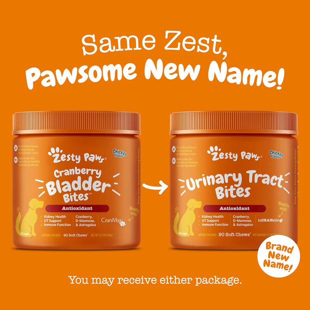 Zesty Paws cranberry bladder bites now labeled Urinary Tract Bites. Pawsome new name.