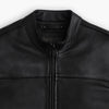 Men’s black genuine leather rider jacket with classic design and silver zipper details, styled for a rugged, fashionable look.