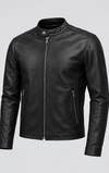 Men’s black matte leather racer jacket with front zipper and stand collar, stylish men's leather jacket from THE EA STORE.