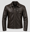 Men’s dark espresso leather Roadster jacket by THE EA STORE, featuring a classic men's leather jacket with detailed stitching.