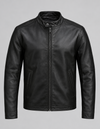 Men’s black matte leather Keanu-style jacket from THE EA STORE, featuring a sleek design and classic leather texture.