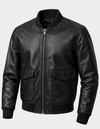 Black leather motorcycle jacket for men with classic design, featuring zippered pockets and a fitted style from THE EA STORE.