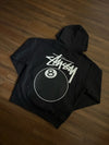 Stüssy Black 8-Ball Hooded Sweatshirt – Graphic Pullover with Front and Back Logo