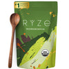 RYZE Superfoods Mushroom Matcha in a bowl, featuring vibrant green matcha powder with mushroom ingredients, highlighting organic, cognitive support.