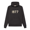 Fear of God Essentials 1977 Hoodie in iron color, casual Essentials hoodie with a comfortable fit, displayed on a hanger.