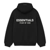 Black Fear of God Essentials Fleece Hoodie II, soft and cozy hoodie with a relaxed fit, perfect for casual wear.
