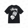 Black Stussy Fuzzy Dice Tee from THE EA STORE, featuring a casual essentials T-shirt with fuzzy dice graphic on the front.