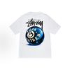 White Stussy x Born X Raised 8 Ball Tee from THE EA STORE, casual essentials with bold graphic design on front.