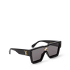 Louis Vuitton Cyclone sunglasses with black frame, gold LV monogram, and crystal flower accents, stylish and sophisticated eyewear