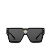 Louis Vuitton Cyclone sunglasses with black frame, gold LV monogram, and crystal flower embellishments.