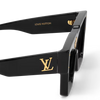 Louis Vuitton Cyclone sunglasses with black frame, gold LV monogram, and crystal flower accents.