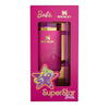 Pink Barbie x Stanley 70's Superstar 40oz tumbler with branding, shown in a pink box, featuring a colorful design and logo details.