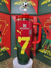 Limited edition Cristiano Ronaldo CR7 Portugal Stanley tumbler featuring Portugal team colors and Ronaldo's logo on a sleek design.