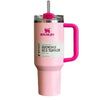 Stanley 40 oz Quencher H2.0 insulated tumbler with handle, leak-resistant lid, soft pink and fuchsia design, suitable for car cup holders.