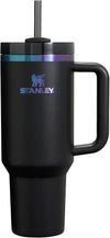 Black Stanley Quencher H2.0 FlowState 40oz tumbler with handle and straw on white background