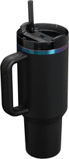 Black Stanley Quencher H2.0 FlowState 40oz tumbler with handle and straw, designed for hot and cold beverages.