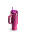 Pink Stanley x Barbie ’70s Superstar Quencher tumbler with handle and straw, 40 oz, durable plastic, on white background.