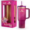 Pink Stanley x Barbie ’70s Superstar Quencher Tumbler with handle and straw lid, featuring Barbie branding.