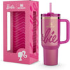 Stanley x Barbie Icon Quencher Tumbler 40 oz in pink with Barbie logo, durable stainless steel drink tumbler for hot and cold beverages