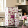 Stanley x LoveShackFancy 40oz Ribbon Rosa FlowState H2.0 tumbler with floral pattern on a kitchen counter.