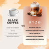 RYZE Organic Mushroom Coffee blend with adaptogenic ingredients, featuring mushrooms and coffee beans in a natural supplement setting.