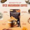 RYZE Organic Mushroom Coffee supplement with adaptogenic blend for energy and focus, featuring a jar of mushroom coffee powder.