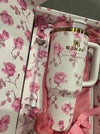 Stanley x Love Shack Fancy 40oz Ribbon Rosa FlowState H2.0 stainless steel spill-proof water bottle with floral design in decorative box